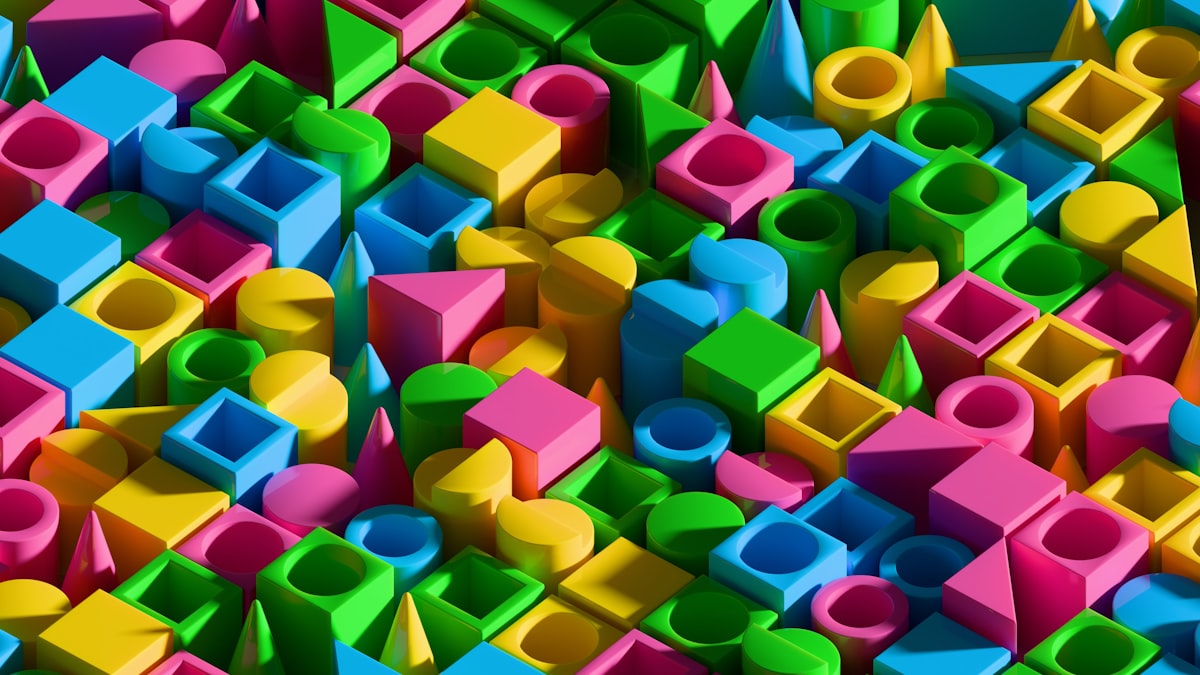 Colorful geometric shapes and blocks arranged in a pattern